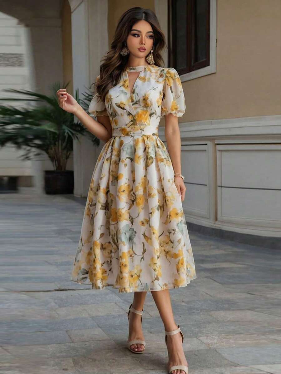 Elenzga 女士时尚优雅印花短袖中长连衣裙 - 彩色 - 查看 1