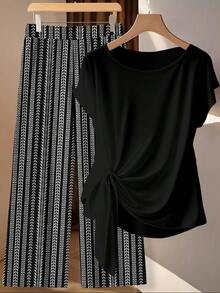 EMERY ROSE Black Casual Short Sleeve Top And Retro Floral Striped Print Pants 2 Piece Set, Plus Size, Suitable For Summer Vacation - Multicolor - View 1
