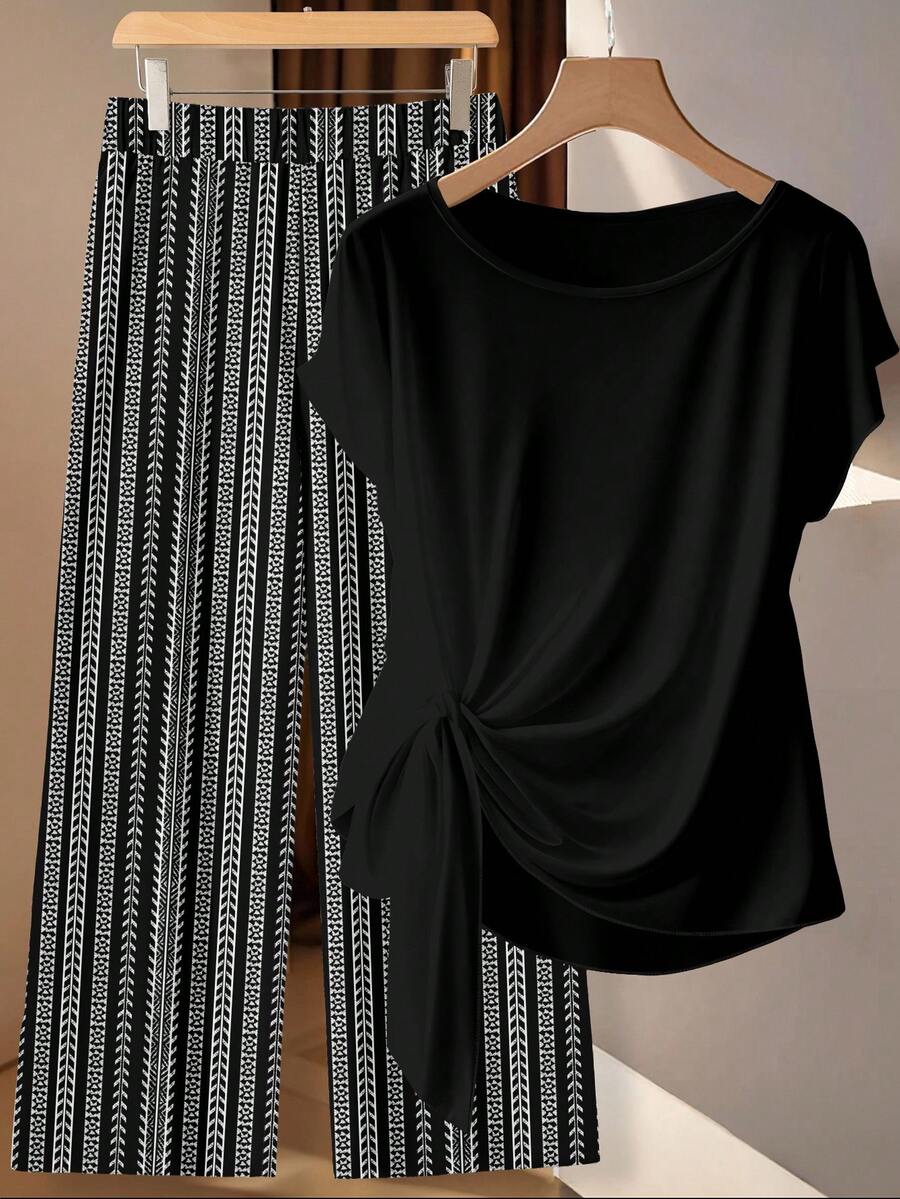 EMERY ROSE Black Casual Short Sleeve Top And Retro Floral Striped Print Pants 2 Piece Set, Plus Size, Suitable For Summer Vacation - Multicolor - View 1