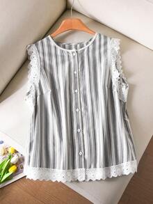 CosyJoli Plus Size Women's Striped Vest, Casual Women's Floral Trim Blouse Casual Tops For Women Blouse For Women Elegant Tops For Women New Arrival Blouse - Grey - View 7