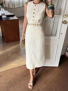 DAZY 女士休闲水洗牛仔圆领无袖连衣裙，夏季连衣裙 - 米色 - 查看 7