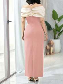 Feyla Women's Elegant Dress With Ruched Colorblock & Rhinestone Decor Off Shoulder - Pink - View 8