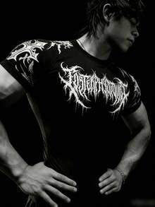 RISE LYT 男士哥特印花圆领插肩短袖运动T恤 男士图案T恤 骷髅头T恤 纹身T恤 万圣节运动服 紧身衣 - 黑色 - 查看 2