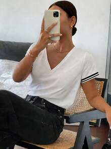 Livesso Women's Casual Loose Striped Print V-Neck Short Sleeve T-Shirt - White - View 3