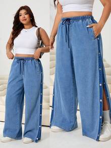Solflare Plus Size Women Blue Summer Casual Everyday Wide Leg Jeans,Drawstring Elastic Waist Side Button Design Loose Denim Pants,Chic Y2k Streetwear Costume - Blue - View 9