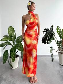 SHEIN Raffinéa Women's Vacation Beach Tie-Dye Floral Print Backless Dress - Hot Pink - View 1