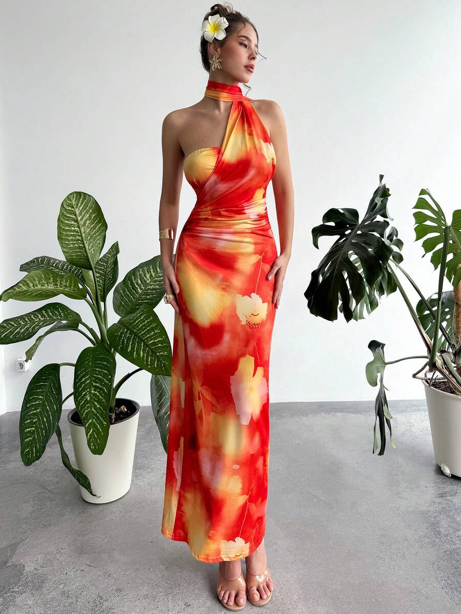 SHEIN Raffinéa Women's Vacation Beach Tie-Dye Floral Print Backless Dress - Hot Pink - View 1