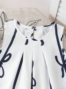 2pcs/Set Tween Girl Stylish Blue Striped Bow Sleeveless Top And Loose Straight Leg Pants Set, Casual Outfit For Spring/Summer - Navy Blue - View 5