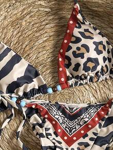Bonvoyette Conjunto de bikini sexy de triángulo con tirantes de espagueti, estampado de leopardo y cebra, con bloques de color, cuentas y espalda descubierta, para mujeres en verano 2026 - Multicolor - Ver 9