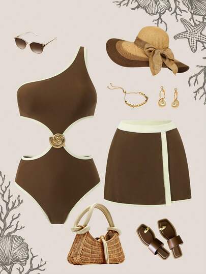 Swim Oasis Conjunto de traje de baño para mujer, falda asimétrica con un hombro y calado, conjunto de 2 piezas para vacaciones de verano y playa