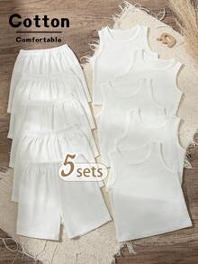 SHEIN Vintaside Kids 10件套男/女婴夏季套装，黑色、白色、灰色、蓝色、灰绿色纯色圆领背心上衣搭配宽松短裤，简约风格，适合外出和玩耍，男女宝宝通用款。 - 白色 - 查看 8