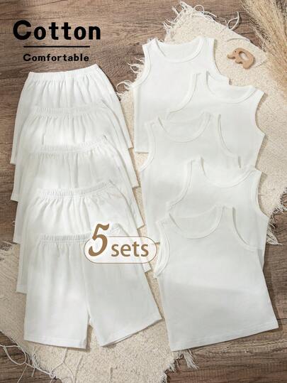 SHEIN Vintaside Kids 10pcs Baby Boy/Girl Summer Sets, Black, White, Gray, Blue, Gray-Green Solid Color Round Neck Vest Tops And Matching Loose Shorts, Minimalist Style Suitable For Outings And Playtime, Unisex Toddler Infant Outfits