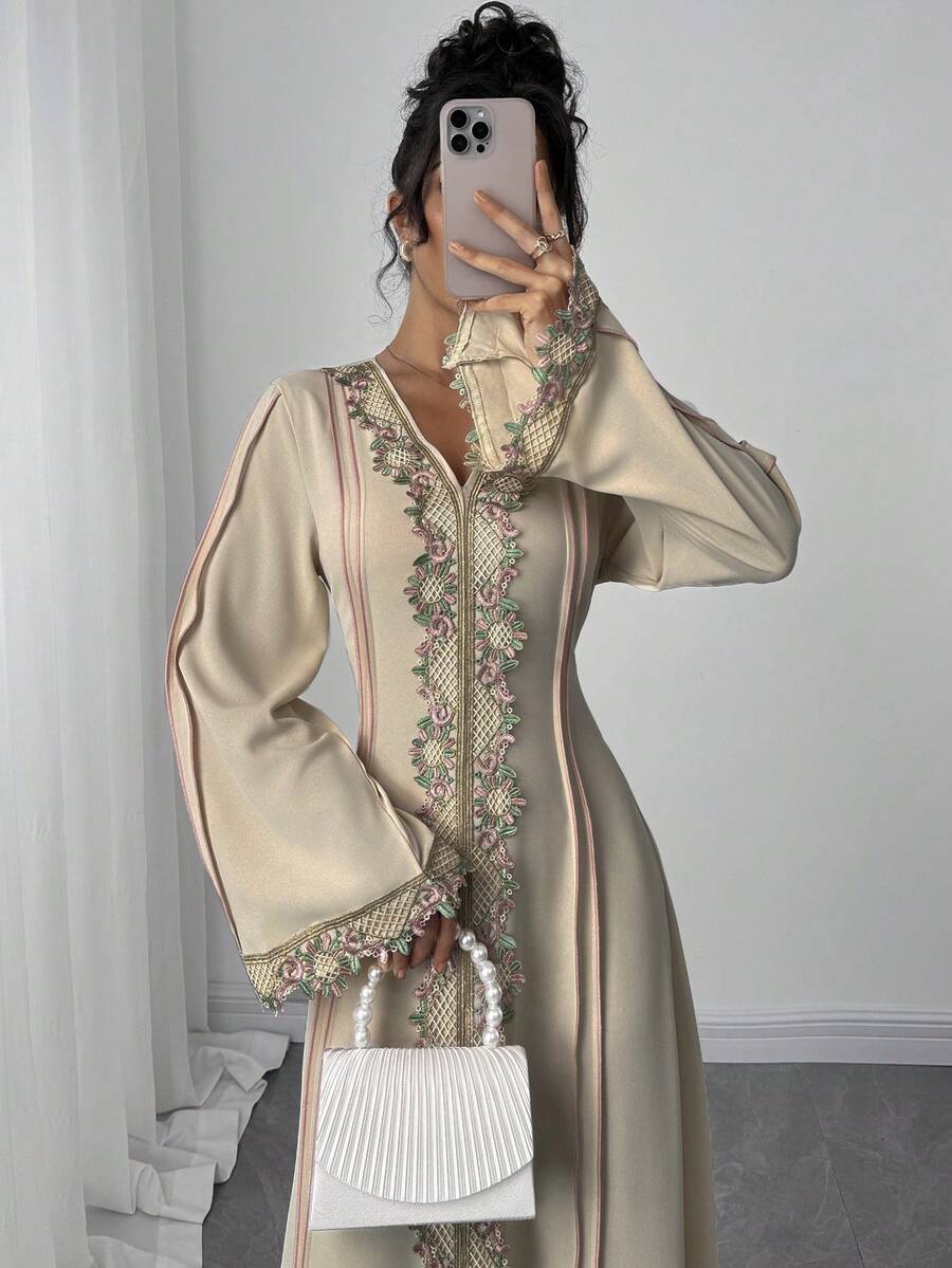 Rafferiza Women's Loose V-Neck Ruffle Long Sleeve Robe, Turkish Abaya, Arabic Kaftan - Baby Pink - View 1