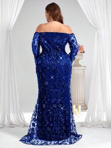 Coutiva Plus Size Women's Off-Shoulder Sequin Luxurious Formal Evening Gown (Heavy Embellishment) - Royal Blue - View 2