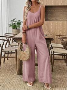 EMERY ROSE Bộ áo liền quần nữ màu kaki trơn dáng rộng, ống rộng, thoải mái, thích hợp đi nghỉ mát, kiểu dáng thường ngày. - Hồng - Xem 5