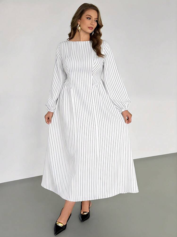 Auralis New Arrival Blue & White Striped Plus Size Long Sleeve Cinched Waist Ruched Split Princess Dress/Lantern Sleeve Dignified Elegant Office Commute Dress/Office Outfit/Daily Wear/Boat Neck Dress - White - View 6