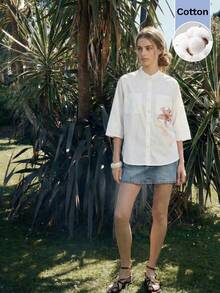 Maija Camisa holgada con botones al frente, cuello alto y mangas raglán con estampado floral para mujer - Blanco - Ver 2