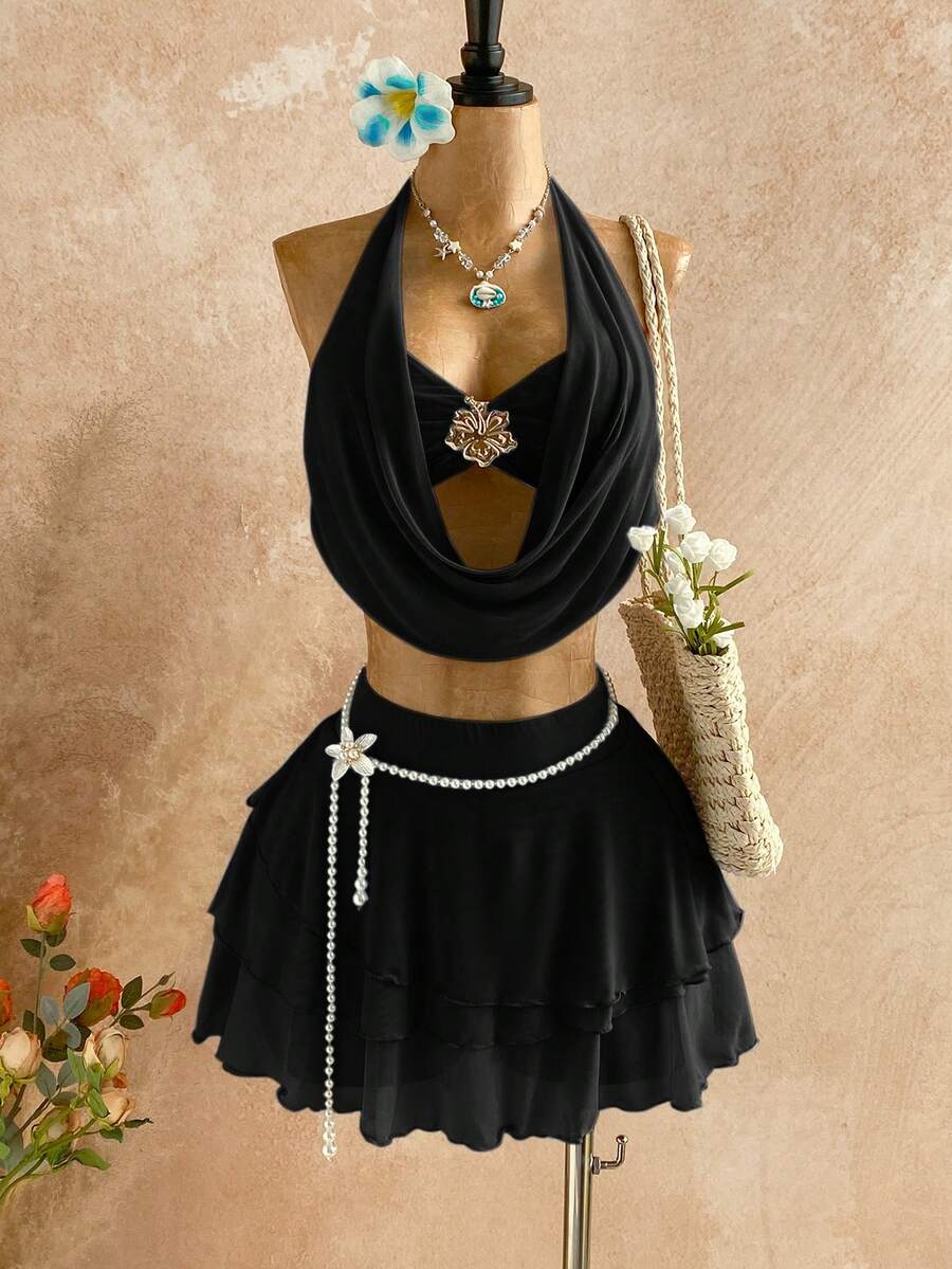 Soleia Women's Sunset Ombre Plunging Neckline Floral Metal Buckle Tie Blouse + Multi-Layer Ruffle Hem Mini Skirt 2-Piece Set, Casual Vacation Beach Cruise Holiday Outfit, Suitable For All Seasons, Music Festival, Boho Vacation - Black - View 1