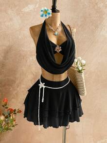 Soleia Women's Sunset Ombre Plunging Neckline Floral Metal Buckle Tie Blouse + Multi-Layer Ruffle Hem Mini Skirt 2-Piece Set, Casual Vacation Beach Cruise Holiday Outfit, Suitable For All Seasons, Music Festival, Boho Vacation - Black - View 9