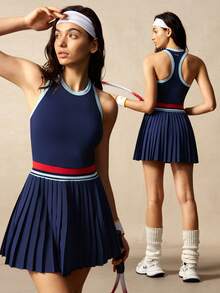 VARSIVA Women's Striped Pleated Hem Racerback Sports Dress - Multicolor - View 12