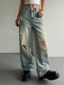 DAZY Distressed Wide Leg Jeans, Washed Denim,Baggy Jeans - Medium Wash - View 4