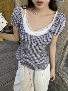 DAZY Women's Korean Style Blue Plaid Puff Sleeve Blouse - Blue - View 5