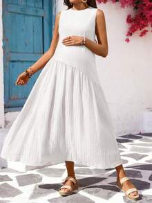 SHEIN Vestido casual suelto de maternidad de unicolor con cuello redondo y sin mangas - Blanco - Ver 10