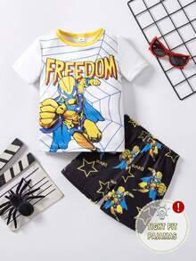 男童撞色针织圆领短袖T恤短裤套装，超级英雄数码印花舒适贴身两件套睡衣家居服套装，春夏款 - 黃色 - 查看 5