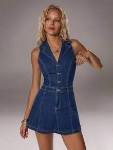 TRNVIE Fashionable Casual Commuter Turndown Collar Button Front Denim Dress - Dark Wash - View 3