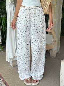 SHEIN EZwear Quần ống rộng thắt eo in họa tiết, chất liệu dệt màu trắng dành cho nữ. - trắng - Xem 6