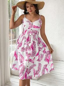 Ceyna Plus Size Spaghetti Strap Feather Print Button Dress - Multicolor - View 5