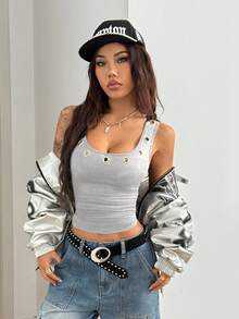 StreetHx 街头风女款朋克金属风黑色无袖铆钉装饰休闲背心 - 淺灰色 - 查看 5