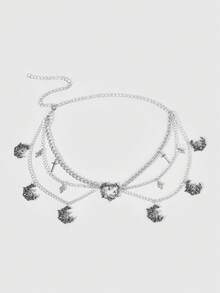 ROMWE Goth Bộ 1 chiếc dây chuyền eo nhiều lớp hình nấm, dây leo rỗng, tình yêu, trăng khuyết, thánh giá, phong cách Mori Punk, đường phố, gió tối, phụ kiện váy áo đa năng hàng ngày dành cho nữ. - Màu bạc nấm tình yêu mặt trăng nhiều lớp chuỗi eo - Xem 2