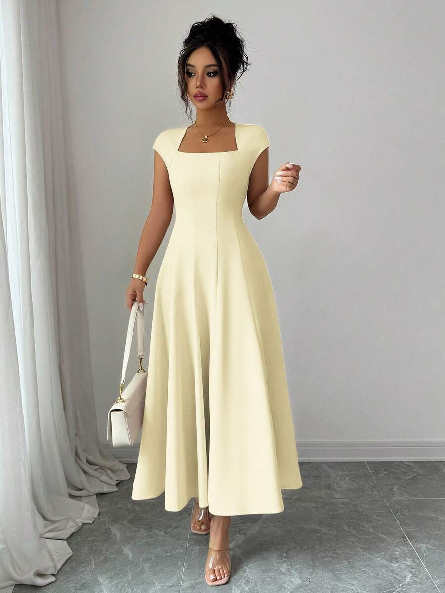 Elenzga 女士优雅休闲度假中长连衣裙，纯色方领腰带拼接A字短袖连衣裙，适合通勤、海滩、音乐节、啤酒节、春夏穿着。 - 鵝黃色 - 查看 1