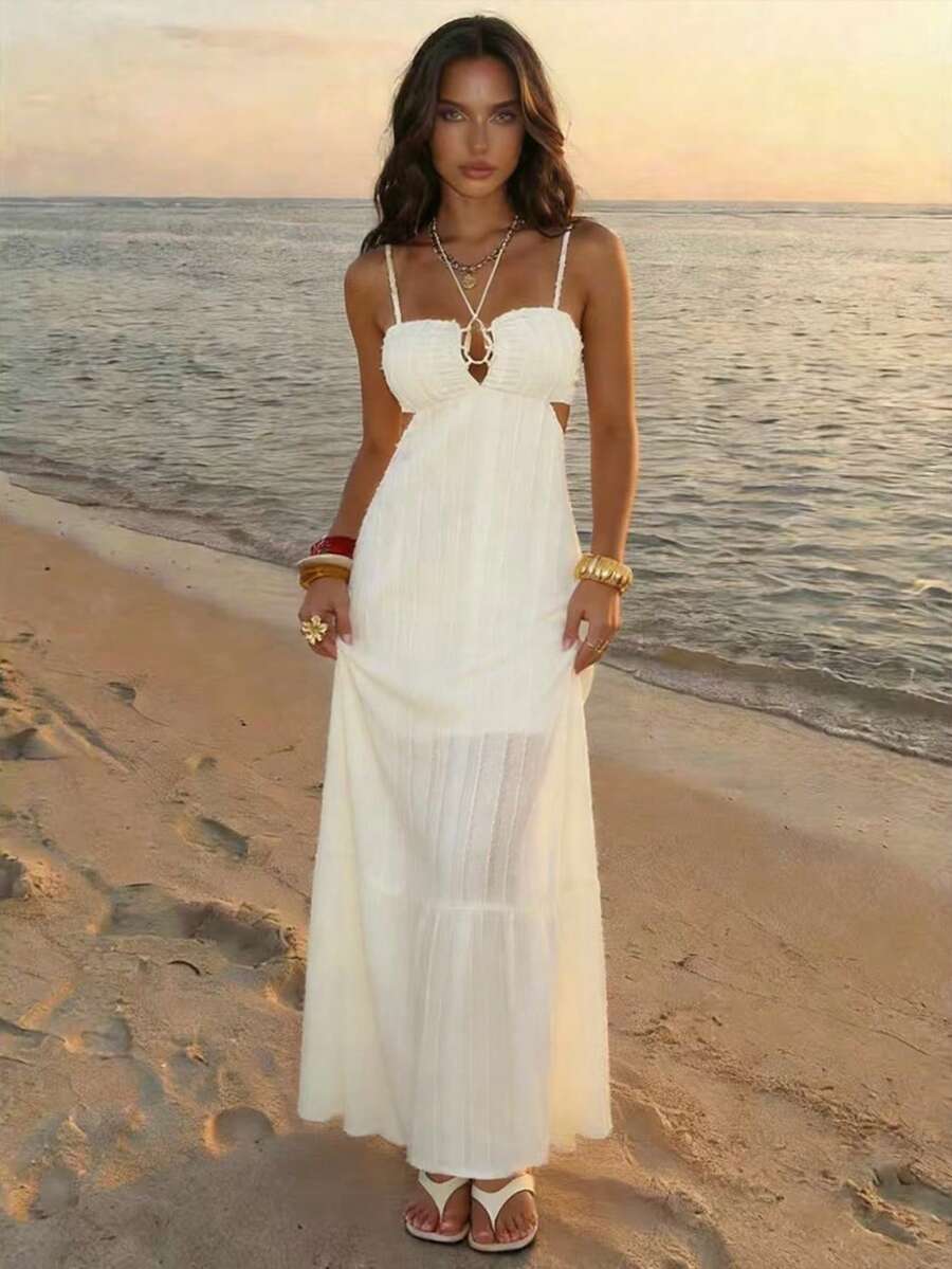 Lyxana Women's Off White Hollow Out Gold Ring Maxi Dress,Summer Boho Vacation Holiday Spaghetti Strap Backless Textured Striped A-Line Resort Elegant - Apricot - View 1