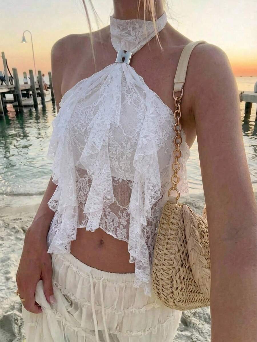 Aloruh Tank Top Wanita Elegan dengan Kerah Tegak dan Trim Ruffle Berlapis-lapis, Cocok untuk Festival Musik dan Liburan, Musim Semi/Panas, Atasan Musim Panas