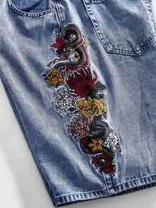 ROMWE MEN Street Life Quần short denim nam mùa hè, kiểu dáng thường ngày, túi xéo, thêu hoa. - Màu xanh lam - Xem 2
