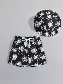 男嬰黑色棕櫚樹印花泳裝套裝，泳褲與帽子，夏季休閒度假假日服飾套裝 - 黑與白 - 查看 5