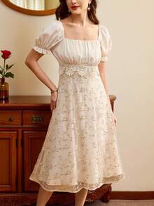 Vintamour Vintage Classic Elegant Floral Print Ruched Embroidered Patchwork Midi Dress, Apricot Color, Spring/Summer French Style Dress Cream Dress - Apricot - View 4