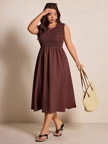 SHEIN Elaquor Plus Solid Sleeveless A-Line Dress Casual Midi Dress Midi Length Summer Dress, Summer Dresses - Coffee Brown - View 6