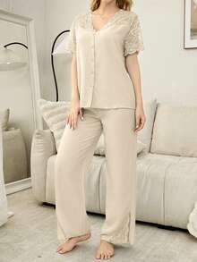 SHEIN Set Piyama Wanita: Kardigan Bahu Transparan Motif Renda Lengan Pendek & Celana Panjang - Aprikot - View 3