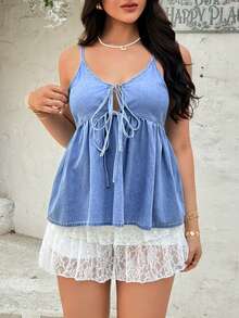 Rivivi 女士时尚前系带吊带牛仔上衣，夏季 - 淺色水洗藍 - 查看 4