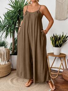 SHEIN Clasi Plus Size Solid Color Minimalist Casual Camisole & Straight Leg Pants Fall - Khaki - View 5