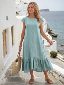 EMERY ROSE 女士休闲纯色中长连衣裙 女士夏季连衣裙 女士休闲连衣裙 夏季女士夏季套装 度假装 女士度假连衣裙 100%纯棉春季连衣裙 女士沙滩连衣裙 度假连衣裙 女士休闲连衣裙 女士夏季连衣裙 - 綠色 - 查看 7