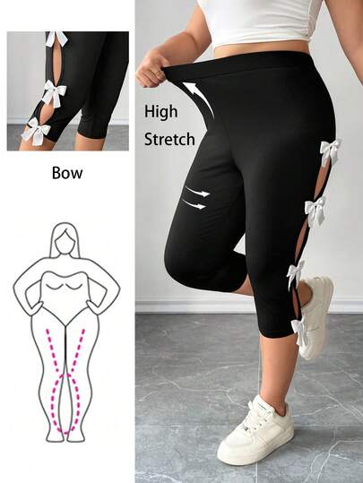 Elenzga Plus Size Women Bow Decor High Waist Casual Versatile Skinny Leggings