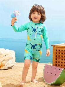 男童连体泳衣，可爱恐龙印花针织面料，长袖拉链连体泳衣，适合夏季度假游泳、海滩冲浪、泳池、夏季派对、休闲度假，儿童服装，防晒，儿童长袖泳衣 - 綠色 - 查看 4
