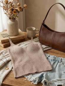 DAZY Women's Khaki Sleeveless V-Neck Fitted Knit Top - Grey - View 2