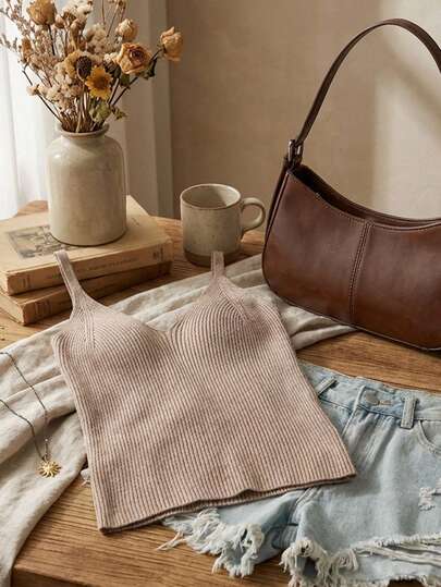 DAZY 女士卡其色无袖V领修身针织上衣