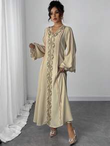 Rafferiza Women's Loose V-Neck Ruffle Long Sleeve Robe, Turkish Abaya, Arabic Kaftan - Baby Pink - View 3
