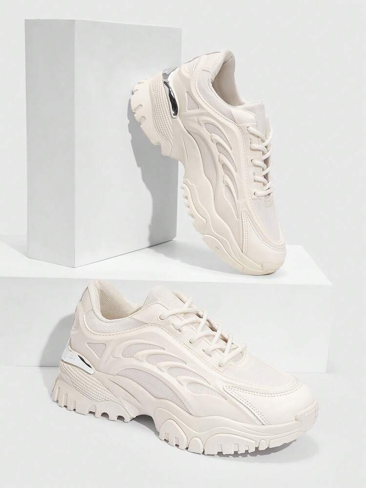 Women's Fashion Webbing Thick-Soled Beige White Sneakers New Year Holiday Easter Tainers